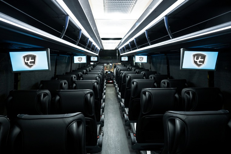 Comfortable seats inside a luxury coach bus