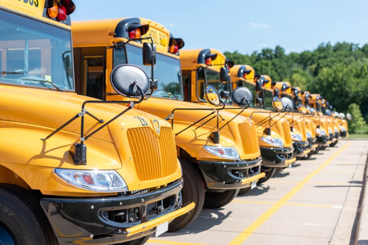 Row of school buses parked outside on a sunny day waiting for use